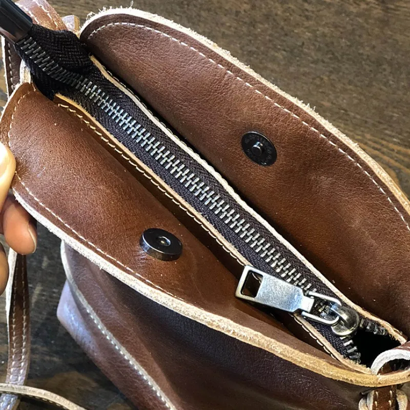 

Retro Handmade Women Soft Genuine Leather Mobile Phone Packing Bucket Bag Pouch Vintage Casual Sling Shoulder Crossbody Bags