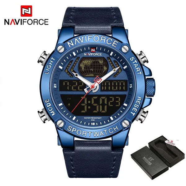 BlueWithBox NAVIFORCE мужские часы Роскошные брендовые кварцевые часы кожаные водонепроницаемые военные часы с двойным дисплеем для мужчин Relogio Masculino - Цвет: BlueWithBox
