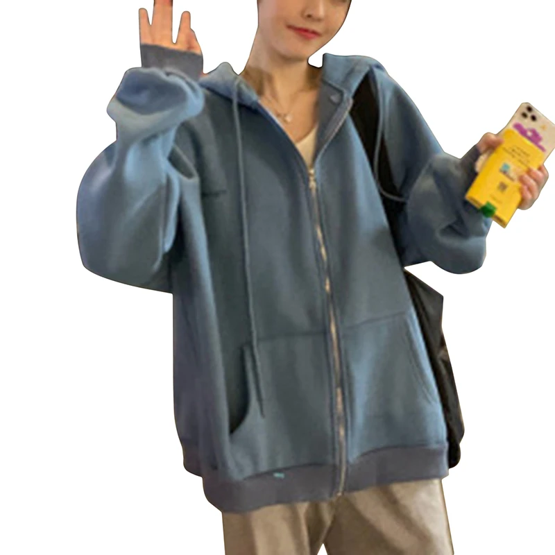 

Women'S Hooded Sweater Autumn Winter Plus Velvet Thickening Loose Lazy Style All-Match Jackets Salt Cardigan Jacket Female Coats