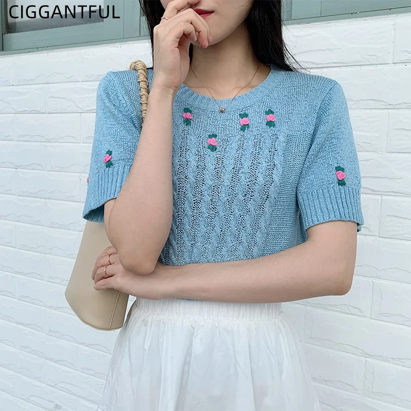 

Spring Summer New Korean Crochet Sweater Women Short Sleeved Thin Retro Sweet Casual Pullover Knit Pullover T Shirt Crop Top
