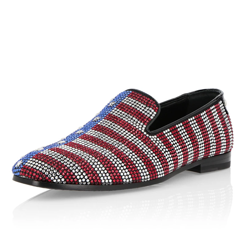 New Fashion Striped Rhinestone Shoes Men Flat Loafers Mixed Color Drill Mens Casual Shoes Classic Zapatos De Hombre