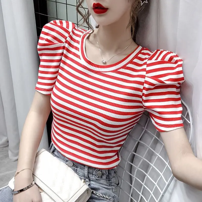 

T-shirt female short sleeve student slim top spring and summer new bubble sleeve bottomed t-shirt female