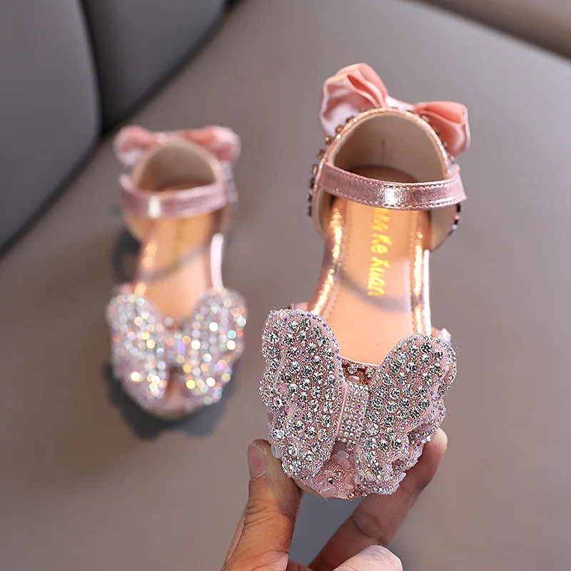 

2021Spring New Kids Shoes Silver Pink Rhinestone Crystal Princess Shoes for Wedding Party Girls Dance Performance Shoes Children