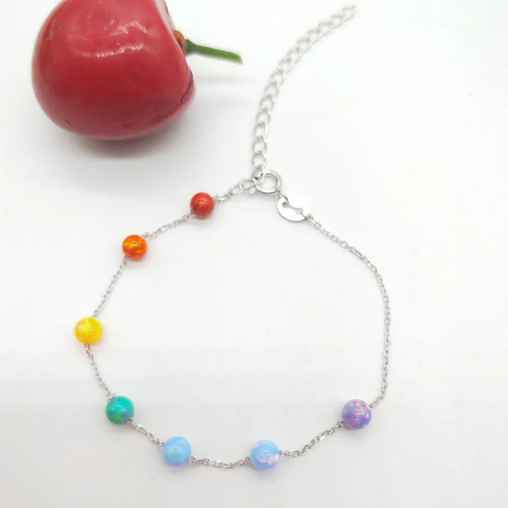 (1 шт/лот) Новый модный браслет с 4 мм опаловыми бусинами в радужных цветах с серебряными вставками 925 с 7 синтетическими круглыми опаловыми шариками. Подарочный браслет.