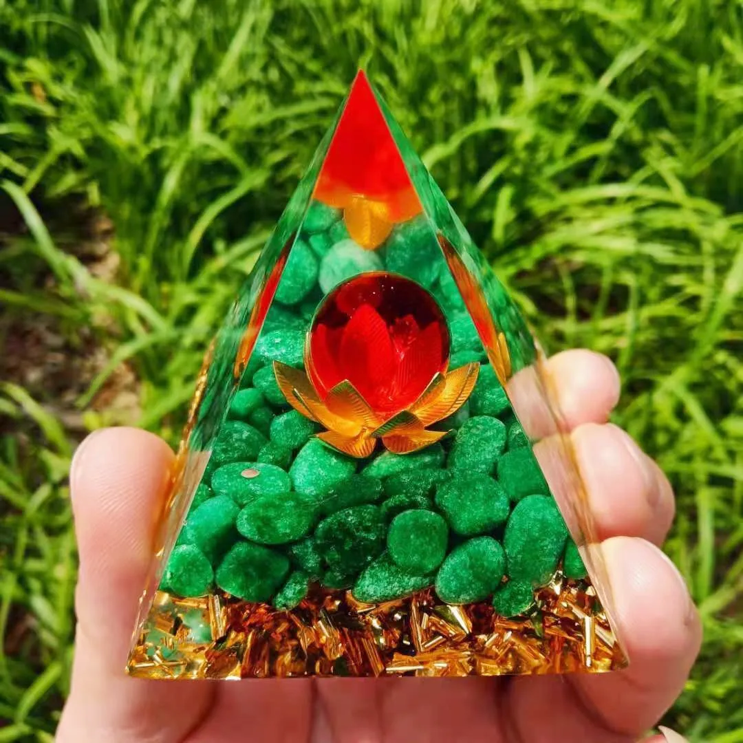 Orgonite Foreign Trade Aogen Pyramid Ornament Green Jade Stone Lotus Energy Pyramid Bring Good Luck