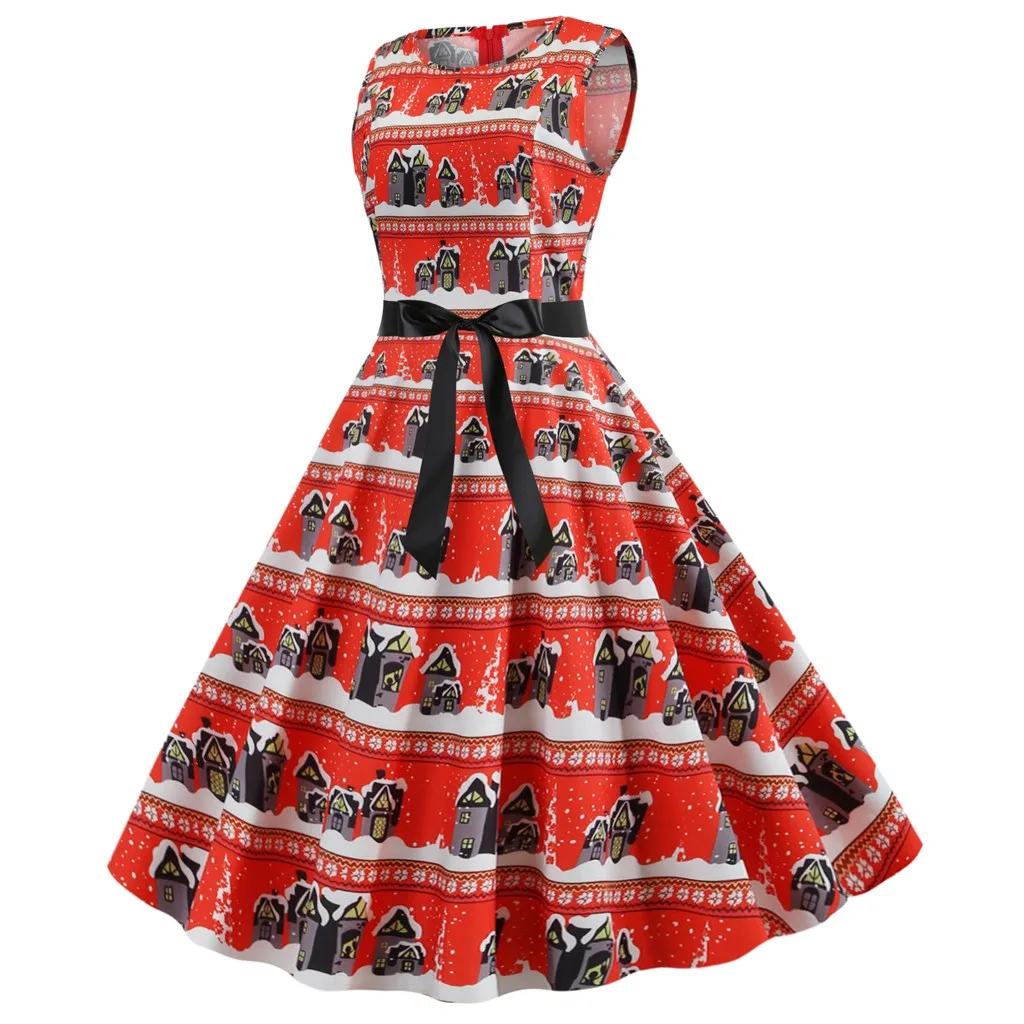 Женское винтажное платье с рождественским принтом женское без рукавов