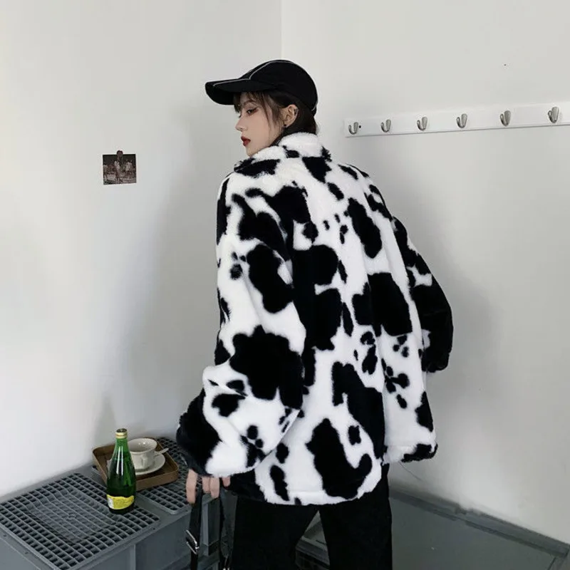 Зимнее меховое пальто для женщин Harajuku молочная коровья корова с принтом
