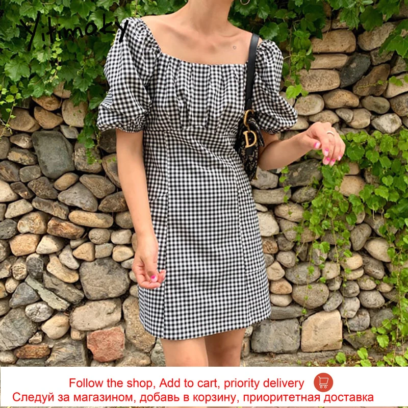 

Yitimoky Vintage Woman Dress Slash Neck Fashion Bare Shoulder 2021 Summer New High Waist Puff Sleeve Plaid Casual Mini Dresses