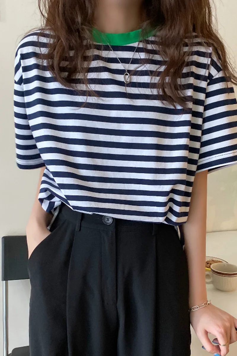 

Korean Casual Striped Short Sleeve T-shirts for Women New Summer Simple O Neck Harajuku All Match Loose Top Clothing for Student