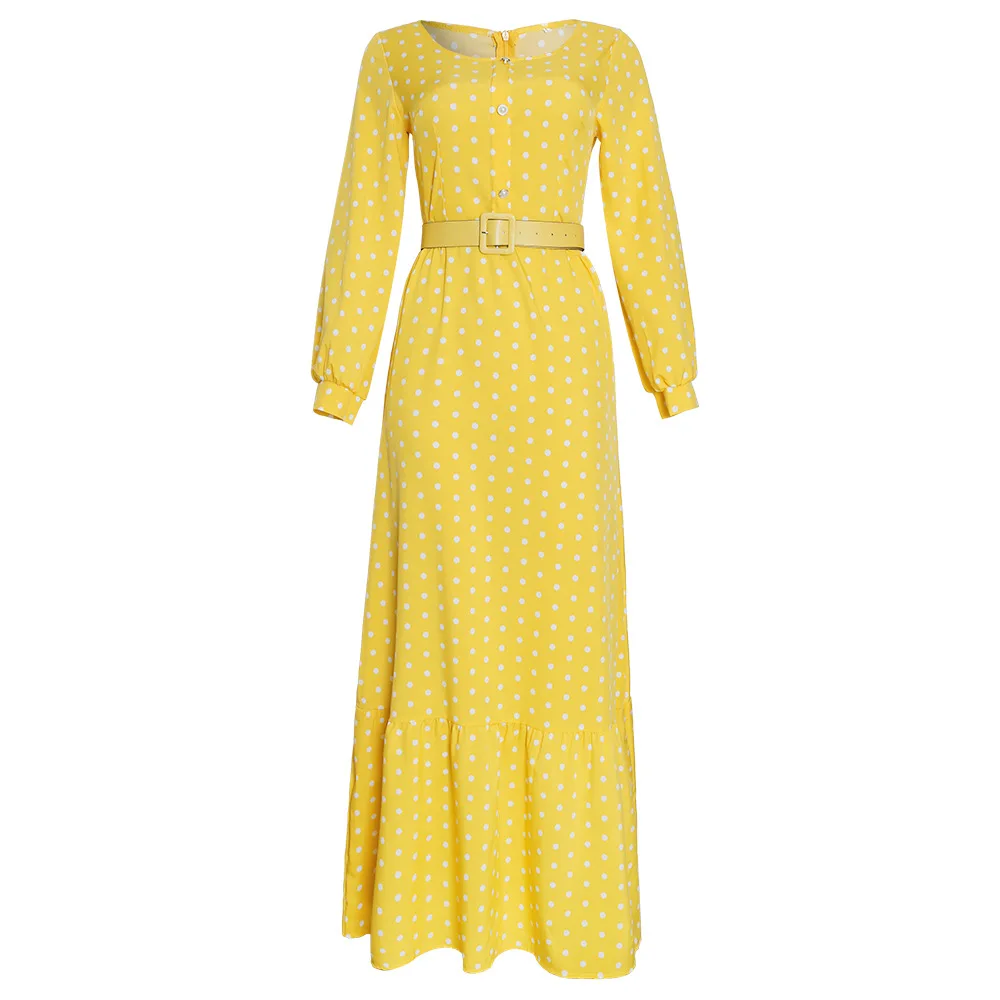 

Women Polka Dot Dresses Long Sleeves O Neck with Waist Belt Pleated Party Fashion African Large Size Ladies Vestidos XXXL Female