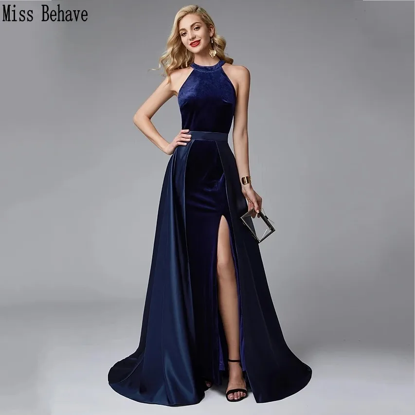 

DD JYOY Detachable Train Navy Mermaid Prom Dress Long Halter Neck Sexy Front Splity Sleeveless Long Formal Dress Evening Gown