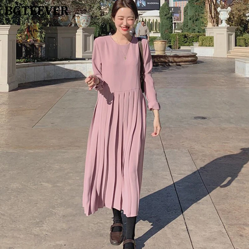 BGTEEVER повседневное свободное однотонное Плиссированное женское платье с круглым вырезом и длинным рукавом