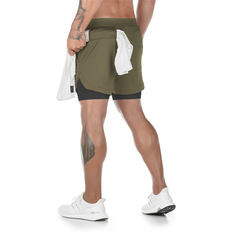 

Mens 2 in 1 Camouflage Shorts Gyms Fitness Workout Quick-dry Short Pants Male Summer Crossfit Casual Zip pocket Beach Shorts