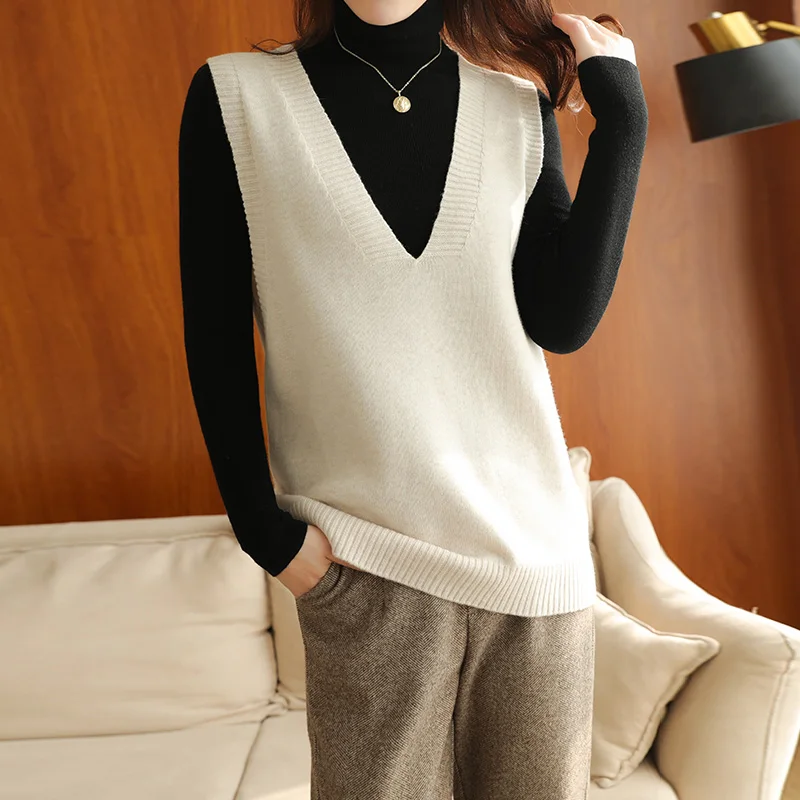 

Осенне-зимний новый стиль 100% жилет из чистой шерсти женский пуловер без рукавов с V-образным вырезом свободный вязаный жилет