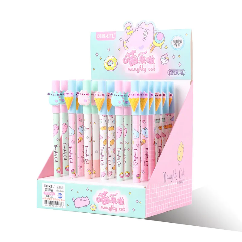 

36 pcs/lot Creative Ice Cream Cat Erasable Gel Pen Cute 0.5mm bllue Ink Signature Pens Promotional Gift Office School Supplies