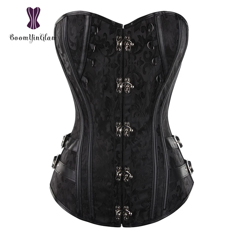 

Locking Closure Steam Punk Style Women Waist Shapewear Overbust Corset Bustier With G String Black Brown 916#