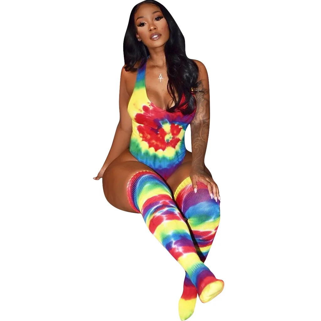 Red Радужный Tie Dye сексуальный фитнес-боди для женщин с глубоким вырезом без рукавов пляжная одежда комбинезон летний без спинки размера плюс вечерние комбинезоны - Цвет: Red