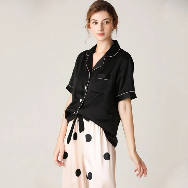 Женская атласная пижама в горошек с коротким рукавом | одежда