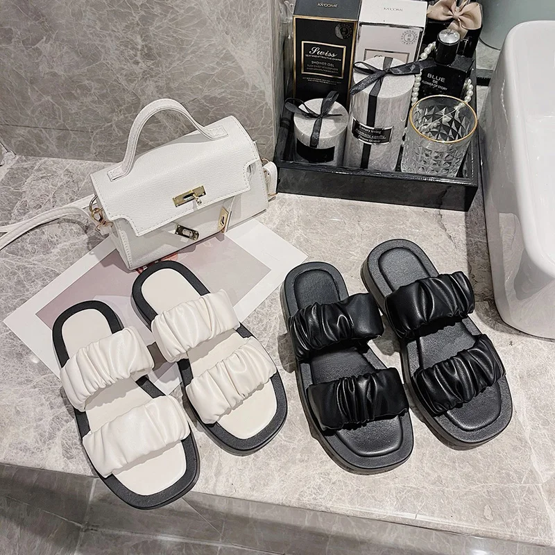 

Shoes Slippers Flat Slides Square Toe Fashion Slipers Women Low Shale Female Beach Soft Luxury 2021 Sabot Rome PU Shoes Slippers