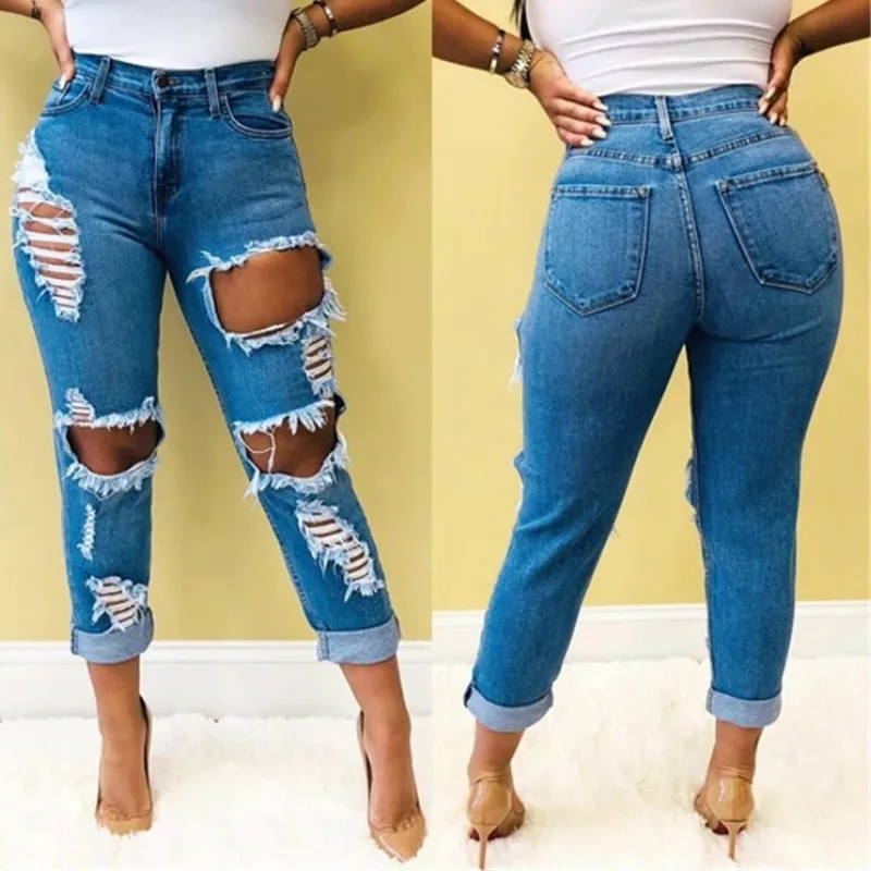 

Denim Jeans Pencil-Pants Destroyed Stretch High-Waist Women Slim Hole Sexy DM001