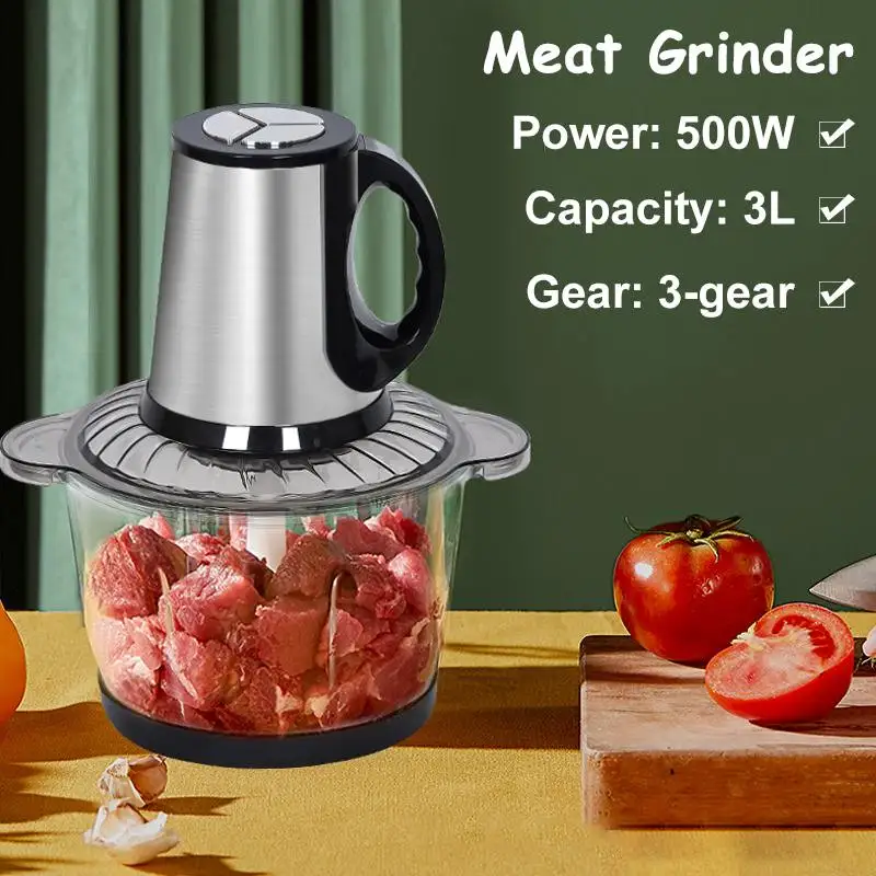 

500W 3L Stainless Steel Electric Meat Grinder Home Chopper Meat Grinder Mincer Food Processor Slicer 3 Speed
