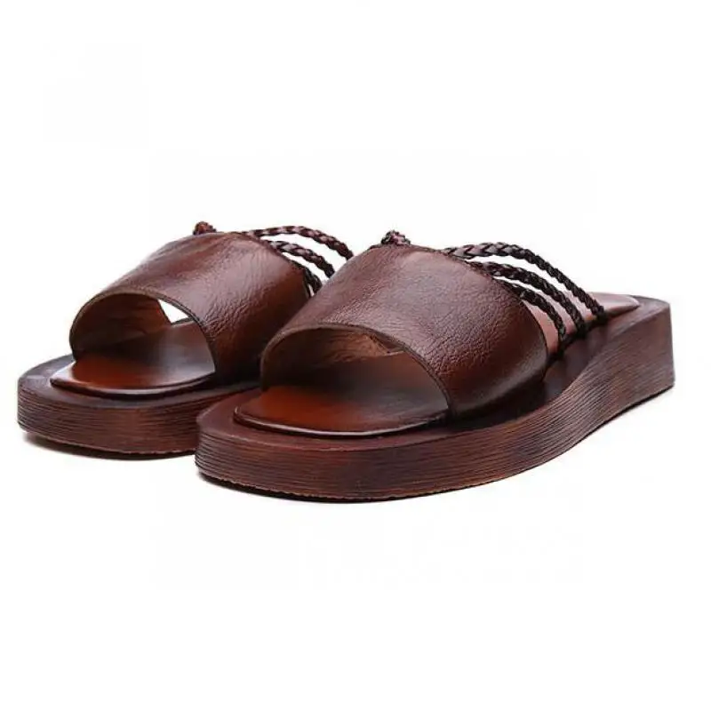 

YourSeason Women Genuine Leather Summer Slippers 2020 New Slides Outside Wear Handmade Platform Ladies Weave Wedges Shoes