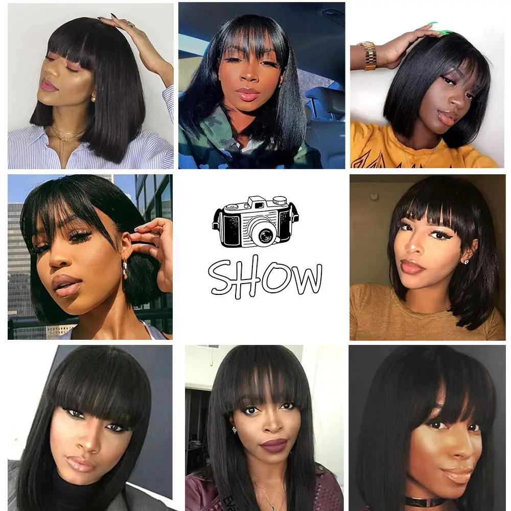 

FAVE Short Bob Wigs Fringe Wig Human Hair Wig for Woman Straight Human Hair Wig with Bangs Black Color Brazilian Human Hair Wigs