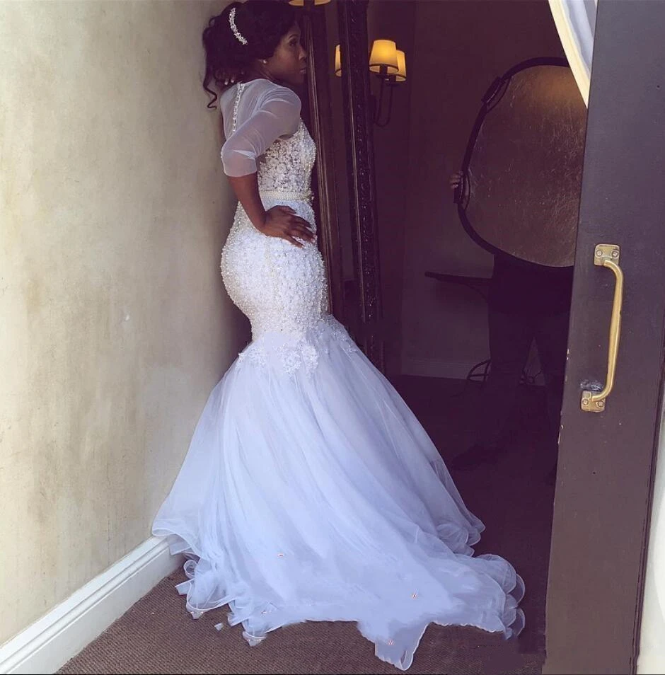 

YiMinpwp White Pearls Mermaid Wedding Dresses Jewel 3/4 Long Sleeve Sweep Train Appliques Beads Country Garden Bridal Gowns