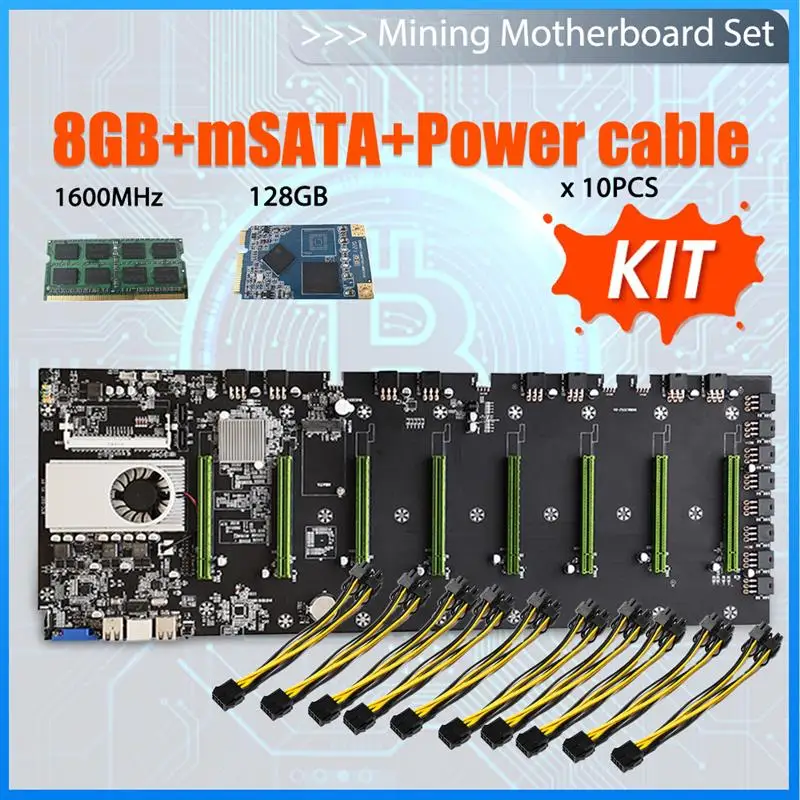 Bestellen BTC-D37 Riserless Bergbau Motherboard 8 CPU Bitcoin Crypto Etherum Bergbau 8GB DDR3 1600MHz RAM 1037U 128GB MSATA SSD Power Kabel