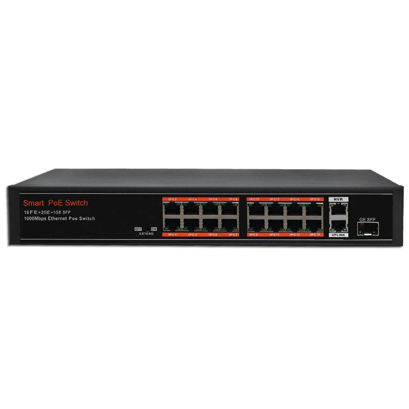16 портовый PoE коммутатор SECUPOE 10/100 м 2 гигабитный 1 SFP Uplink 802.3af/at Встроенный адаптер