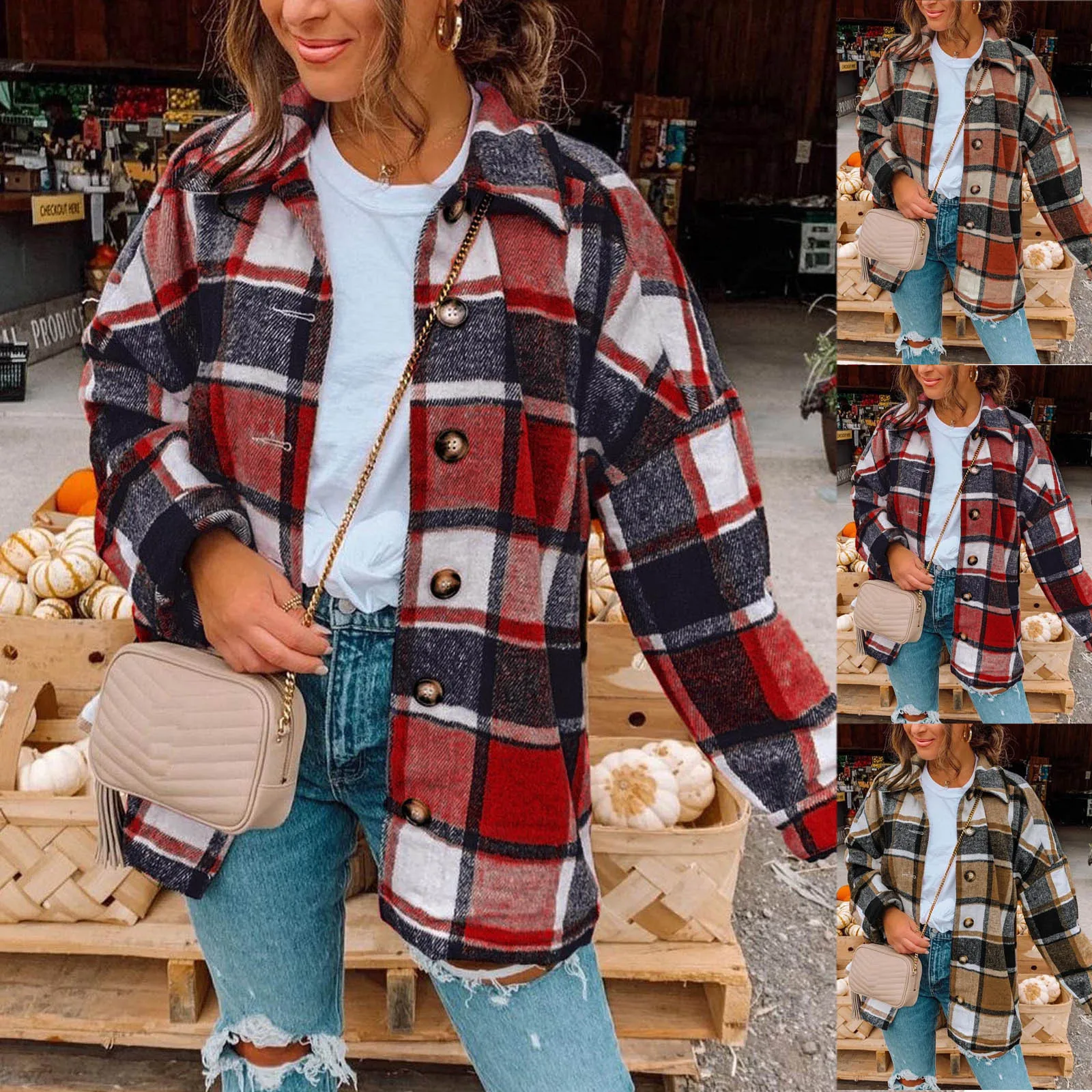 

Women Fashion Classic Style Long Sleeve Coat Plaid Print Lapel Button Casual Loose Outwear