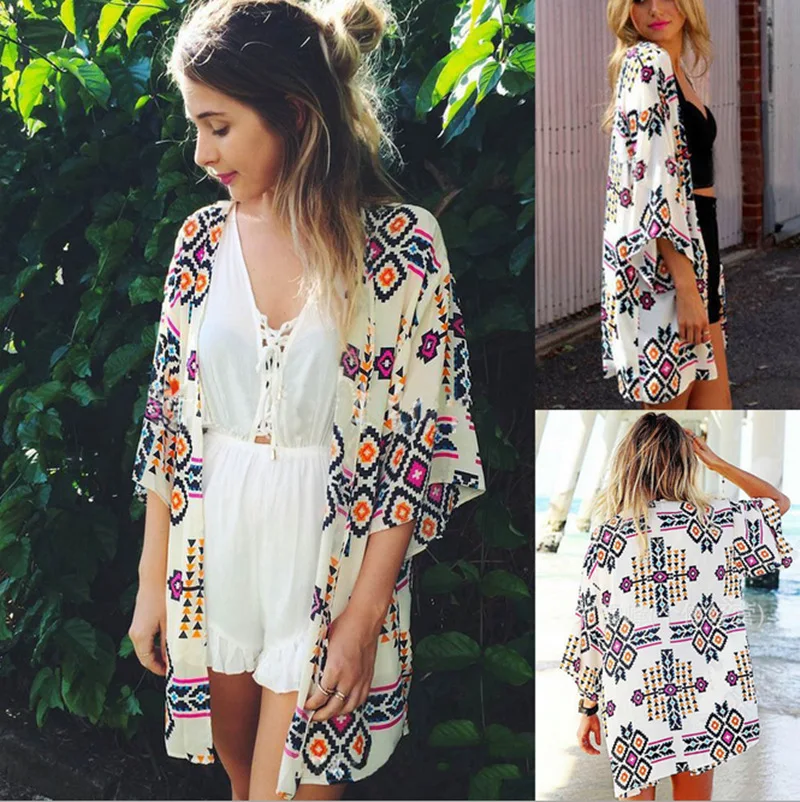 

Sexy Woman Floral Chiffon Geometric Loose Shawl And Clothing Cardigan Blouse Swimwear Beach Cover Female Beach Dress