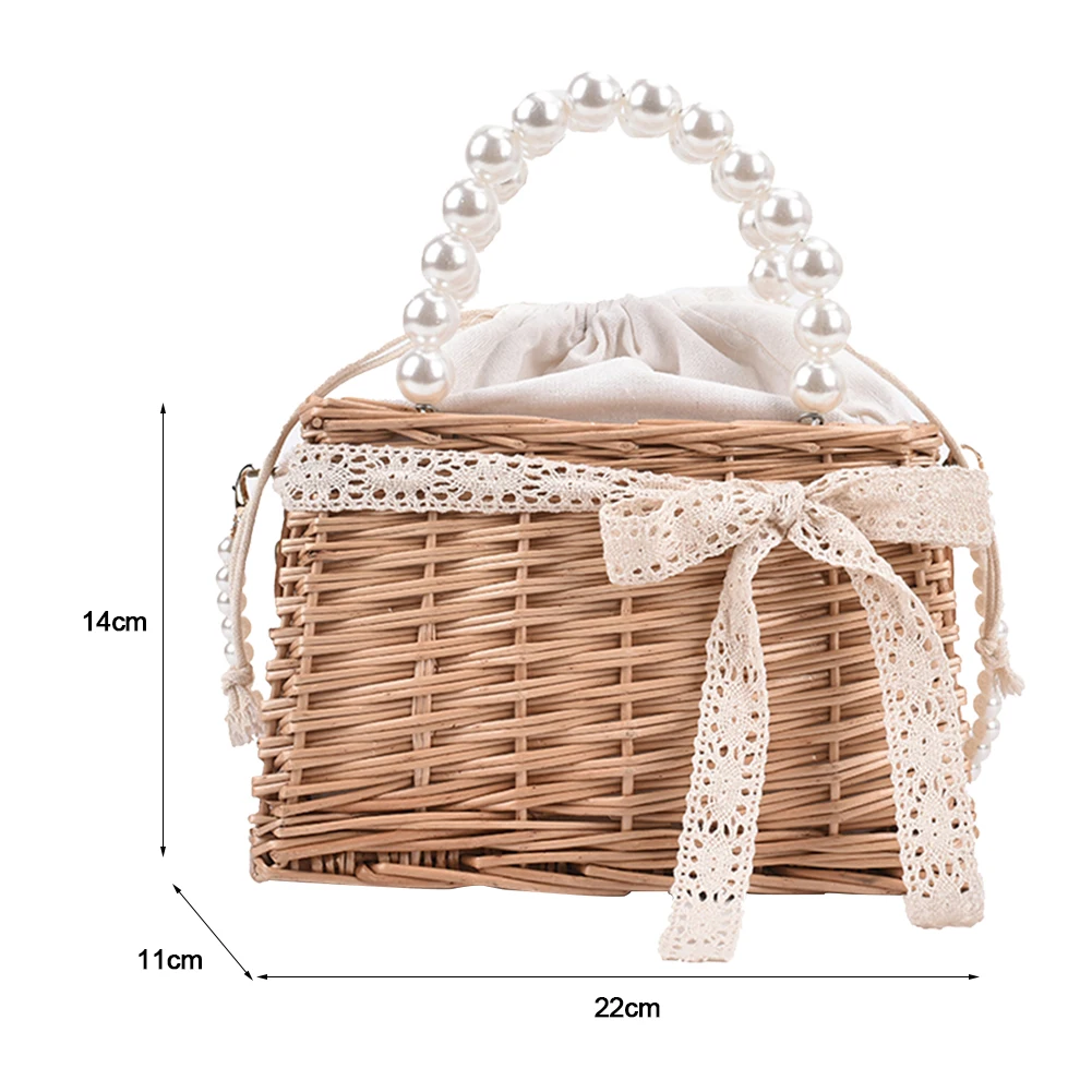 

Fashion Women Rattan Woven Lace Pearl Chain Basket Shoulder Crossbody Messenger Bag Casual Ladies Small Top-handle Tote Handbags