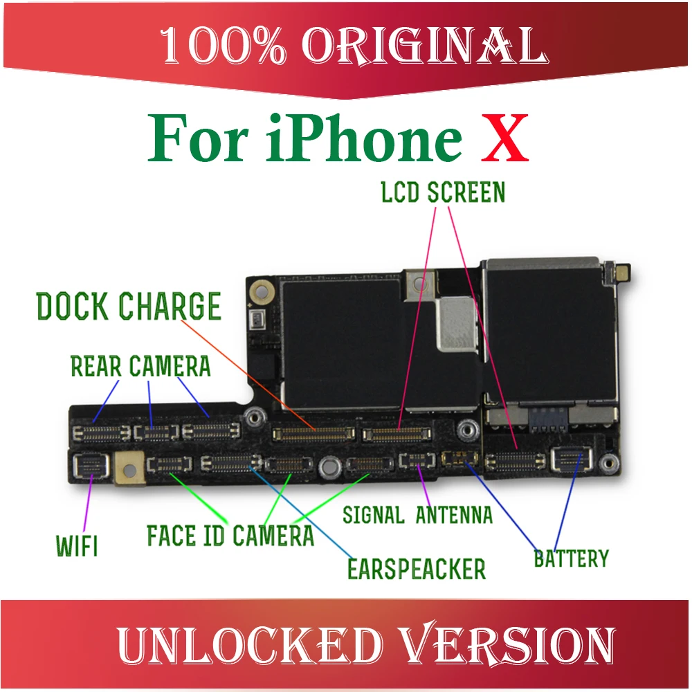 Для iphone X материнская плата с лицом ID/без лица ID, с Бесплатный iCloud разблокированный для iphone x материнская плата 64 Гб/256 ГБ