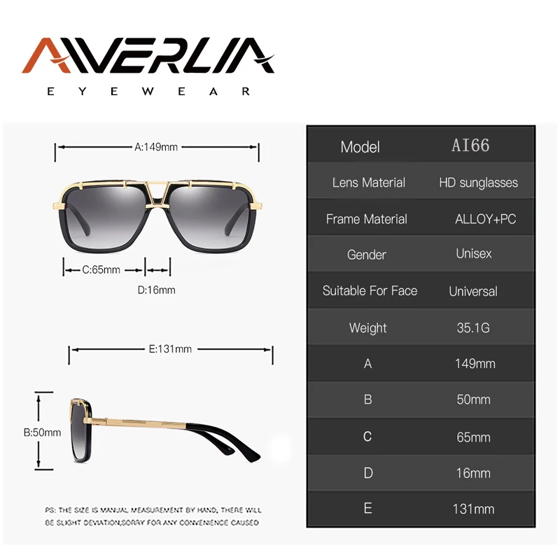 

AIVERLIA Fashion Unisex Sunglasses Men Women Oversized Driving Sunglasses Female Classic Square Glasses UV400 Metal Frame AI66