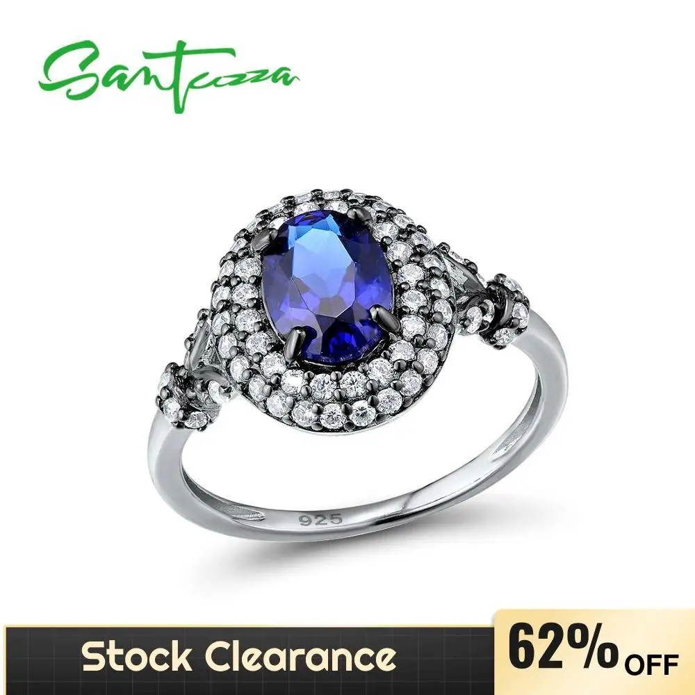

SANTUZZA Pure 925 Sterling Silver Rings for Woman Shiny Blue Stone White Cubic Zirconia Party Gift Trendy Fashion Jewelry