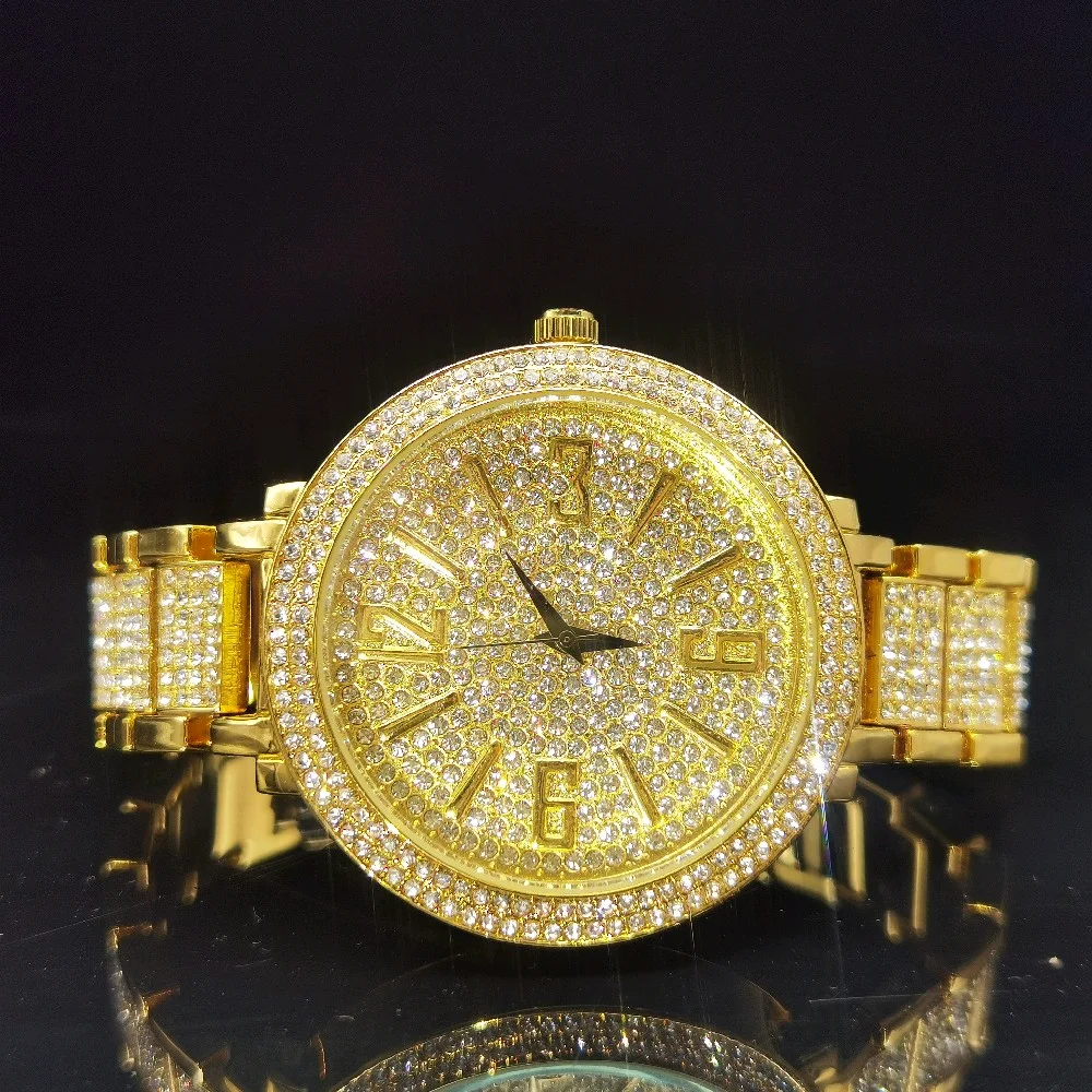 

MISSFOX Large Dial Big Numbers Man Watch Full Diamond All Gold Wealth Luxury Wath Men Super Shining Gentleman Quartz Wristwatch