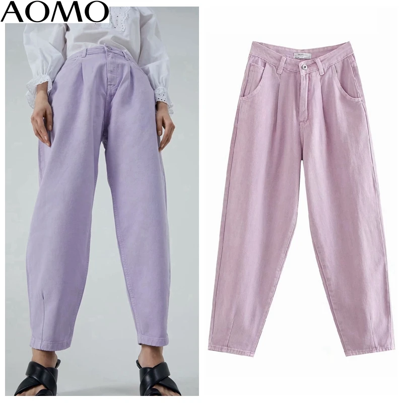 

AOMO female light purple jeans pants for women 2020 summer long trousers pockets zipper loose casual female denim pants 4M500A