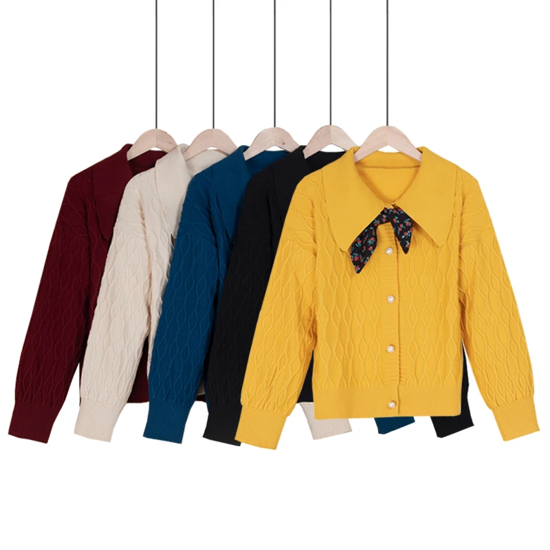 

Sweet Bow Knitted Sweater Women Autumn Drop-shoulder Long Sleeve Loose Cardigan Coat Female Solid Vintage Twist Winter Clothes