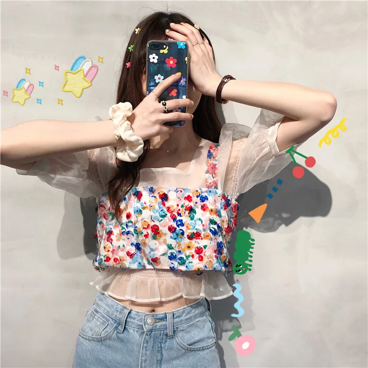 

Mesh Puff Short Sleeve Shirt Women's Design Sense Niche Short Summer Very Fairy Blouse Floral Two-Piece Vest Set