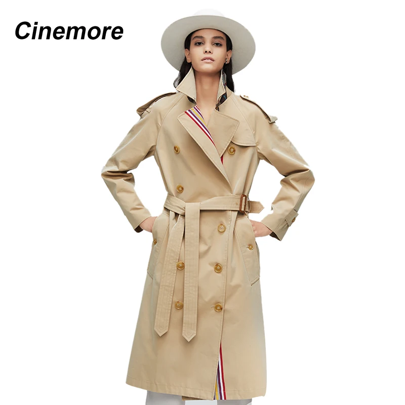 

Cinemore 2020 New arrival autumn khaki trench coat women casual fashion high quality cotton with belt long coat for women 9004
