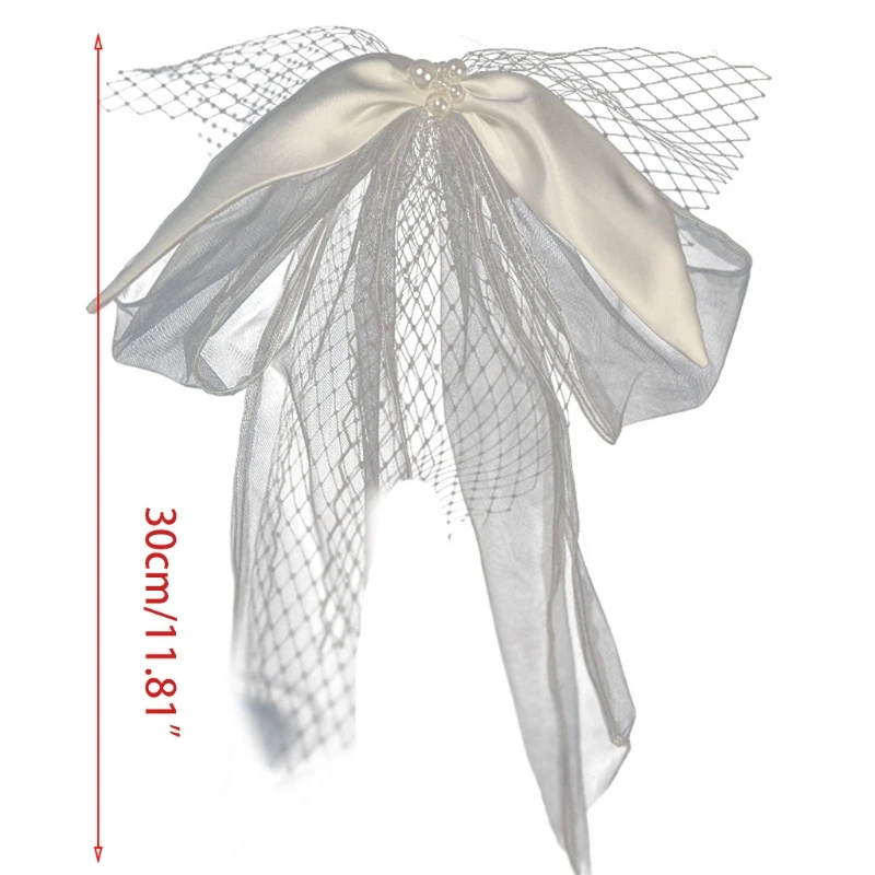 

Korean Women 2 Tier Short Tulle Wedding Veil Curved Trim Faux Pearl Beaded Satin Bowknot Bridal Headdress