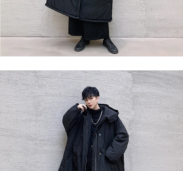Men Winter Long Loose Hooded Parka Jacket Overcoat Male Japan Street Dark Black Cotton Padded Thick Coat Outerwear