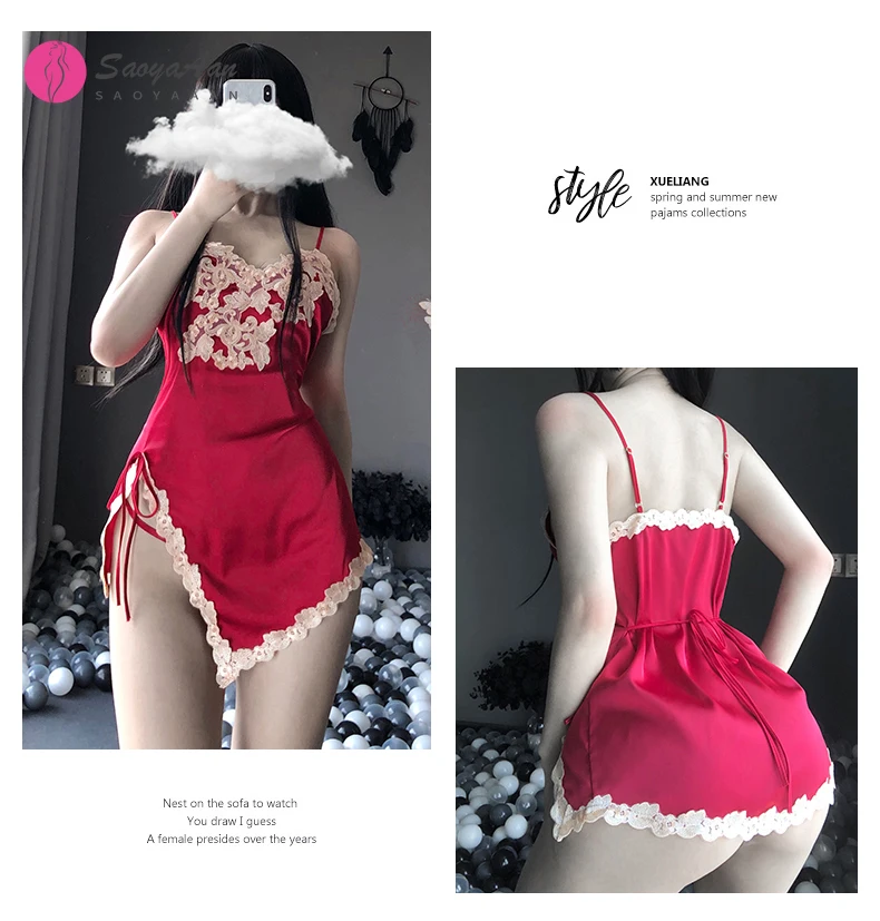

Nightwear Silk Nightgown Summer DressWomen's Sexy Lingerie Sleepwear Babydoll Nightie Satin Homewear Lace Hot Night Dress