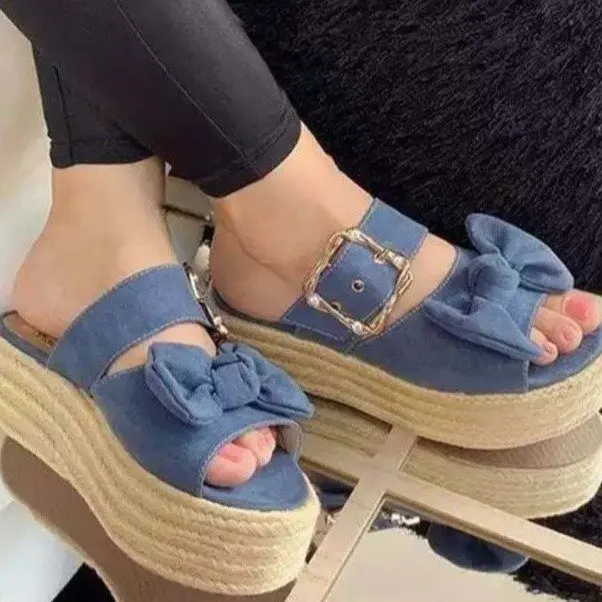 

Low House Slippers Platform Female Shoes Butterfly-Knot Slides Flock Rubber Flip Flops 2021 Flat Hawaiian Rome PU Sweet Fabric H