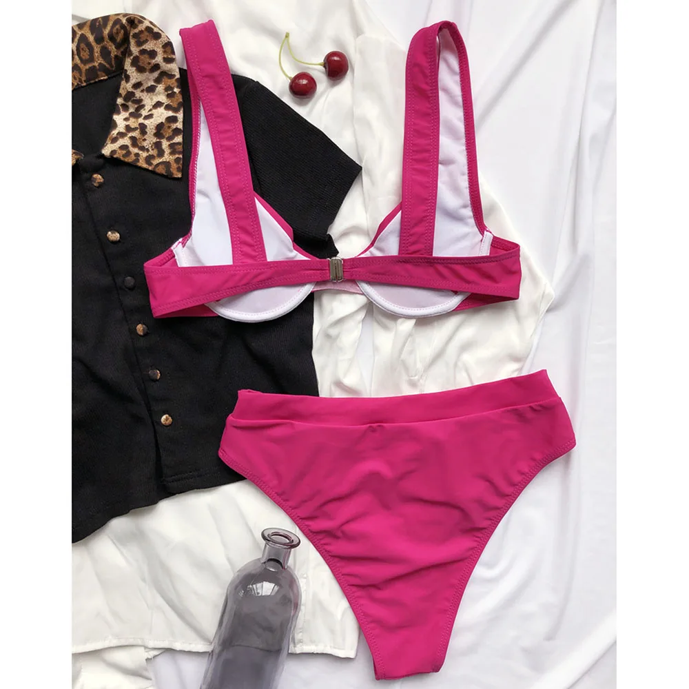 

Rose Pink Underwire Push Up Women Bikini Sets High Waist Ladies Padded Swimwear Bikini LG25