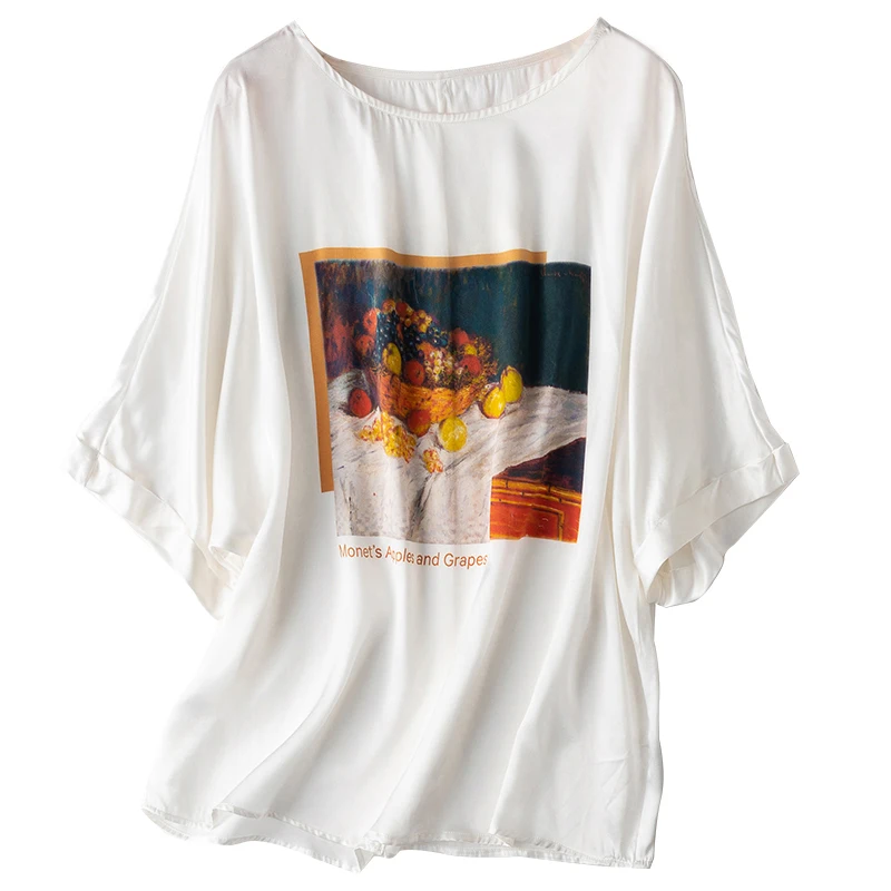 

Women's 100% Silk T-shirt new style loose type Top Blouse Round Neck White Oil painting bat sleeve fashion shirt L1055
