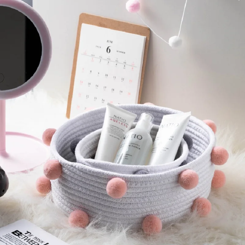 

Pompom Cotton Rope Storage Baskets Handmade Woven Dirty Clothes Laundry Basket Kids Toys Desktop Sundries Organizer Hamper