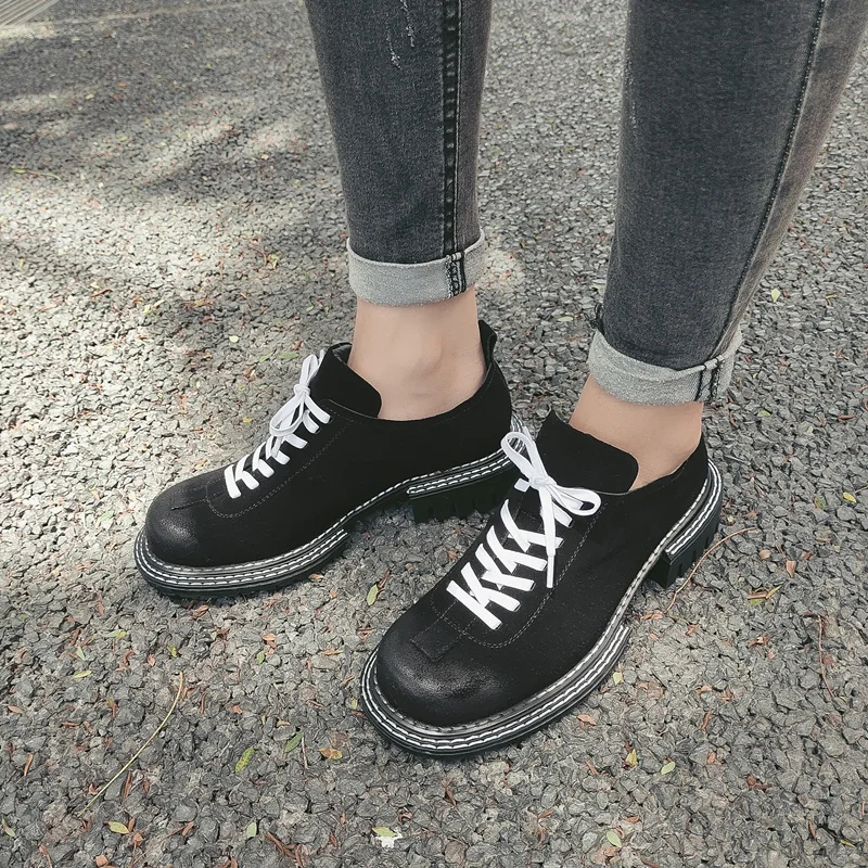 

Genuine Leather Women Pumps 2021 Spring Med Heels Round Toe Black Lace Up Shoes Woman Black Dress Casual Shoes Pumps Size 34-42