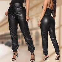 womens casual leather pants black fashion multi pockets cargo pants pu leather pants fashion streetwear women ankle bands pants